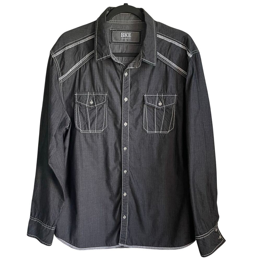 BKE Men's Standard Fit Shirt Sz XL Long Sleeves Contrast Stitching Gray Western